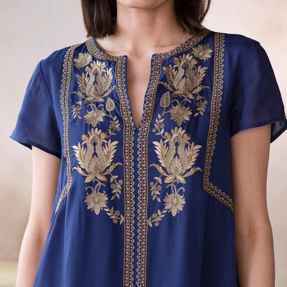 Sundance Venezia Lapis and Gold Short sleeve Bohemian Dress - Picture 3 of 15